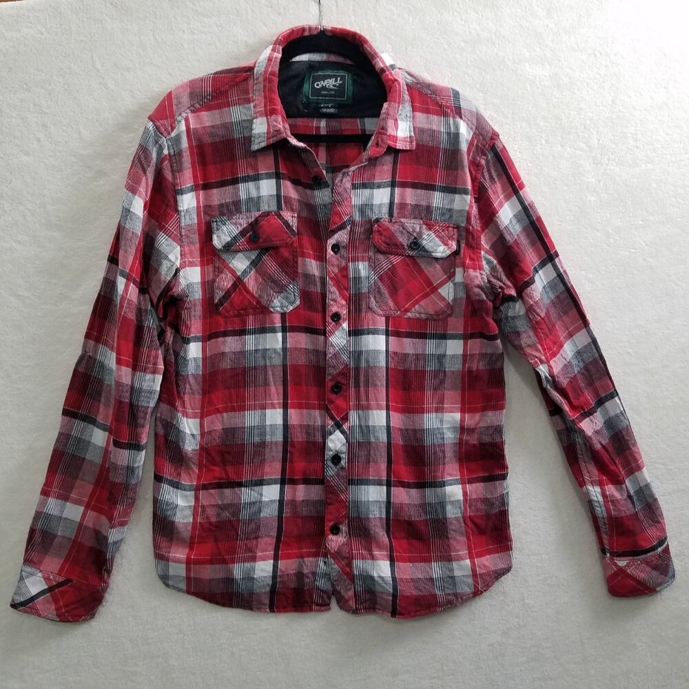 O’Neill Red Plaid Flannel Button Shirt Long Sleeve Mens Large Surf Skate Grunge